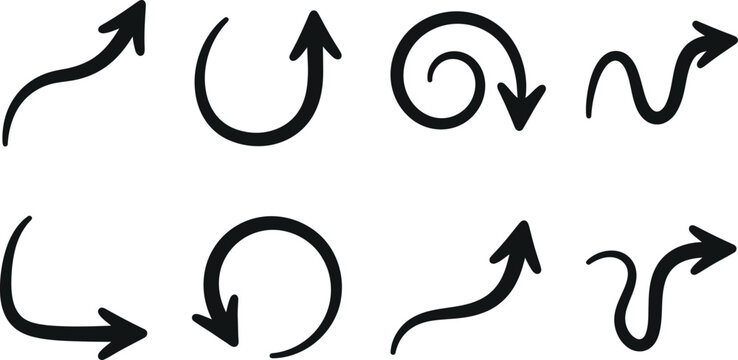 Set of circular and wavy hand drawn directional arrows with circular handdrawn pointing navigation elements abstract direction movement illustration