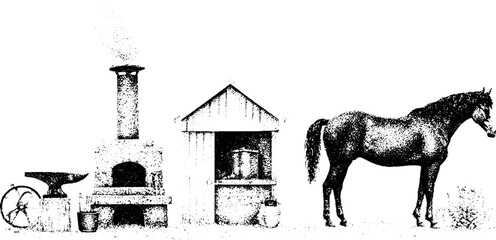 Obraz premium Blacksmith forge with chimney anvil and horse in stippled engraving style for rustic poster and background design