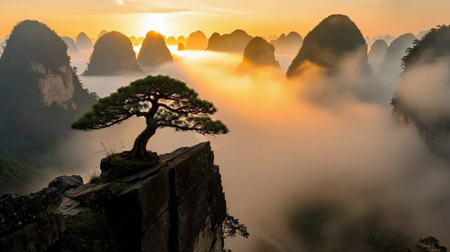 Serene sunrise over majestic mountains with a solitary resilient tree in peaceful natural landscape