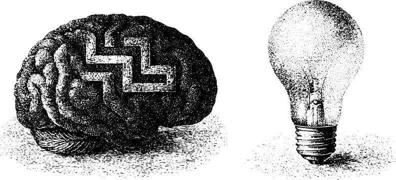 Side view brain with embedded maze and adjacent lightbulb filament in stipple engraving for creativity idea generation and problem solving background