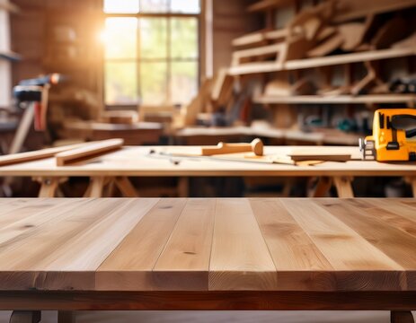 wooden table in front of a blurred background of a carpenterrs workshop great for promoting handmade products tools or diy content