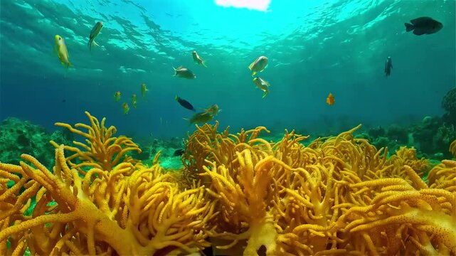 Vibrant coral reef teeming with diverse marine life in flowing ocean currents