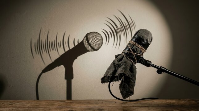 Censorship, silenced speech, free expression concept with covered microphone casting sound shadow.