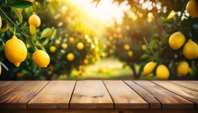 wooden table with copy space and blurred lemon garden in the background bright sunlight and lush citrus trees create a warm summer atmosphere full of freshness and natural beauty