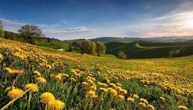 yellow dandelions blanketing rolling hills