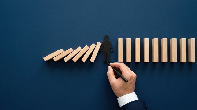 Strategic resilience, risk management, business recovery concept with hand stopping falling dominoes.