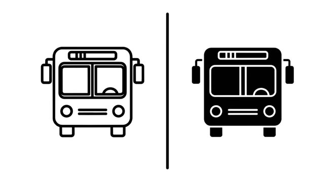 Vector illustration of bus front view icon set, outline and solid style on a transparent background