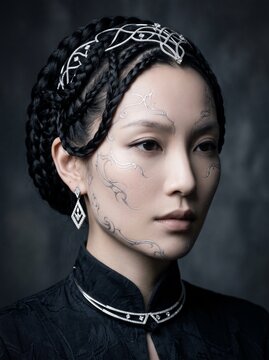 Majestic Fantasy Portrait of an East Asian Princess with Elaborate Braided Hairstyle and Ornate Silver Metallic Filigree Face Paint Art