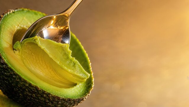 Scooping fresh avocado flesh with a metal spoon