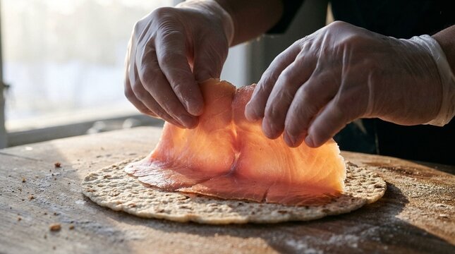 Chef hands folding smoked salmon slice onto lefse