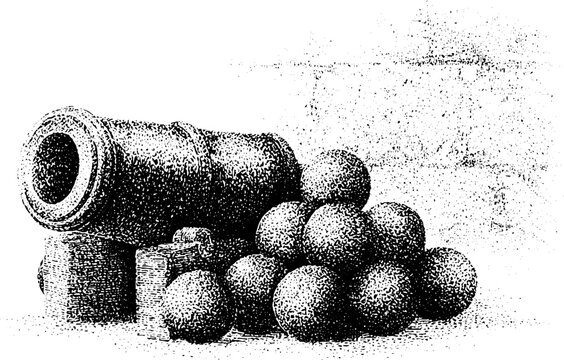 Antique cannon with stacked cannonballs and wooden powder crates for historical background and museum poster use