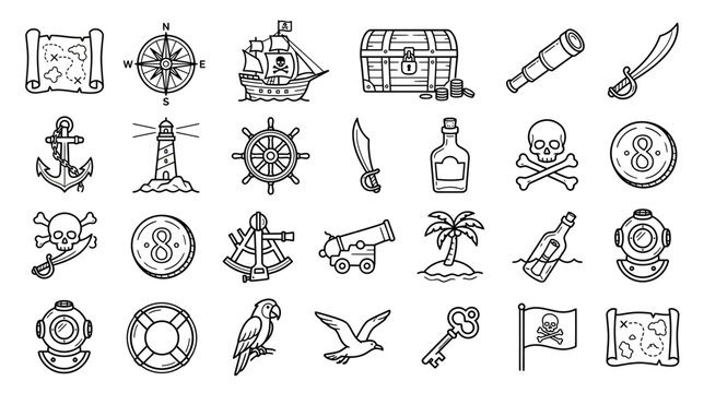 Pirate Icons Collection: Treasure Map, Ship, Compass, Skull, Chest & More