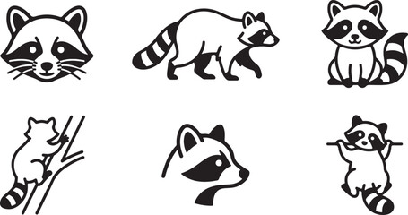 Cartoon raccoon characters in playful poses and activities Vector © Sazid