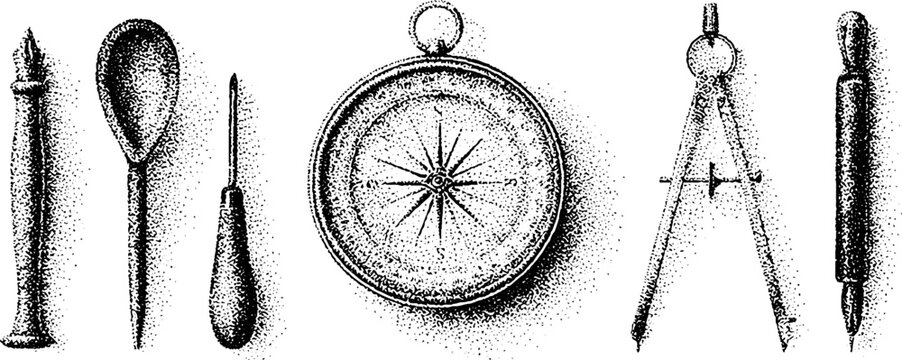 Engraved compass and measuring tools lineup with dividers spoon and awl for nautical mapmaking background and retro cartography design