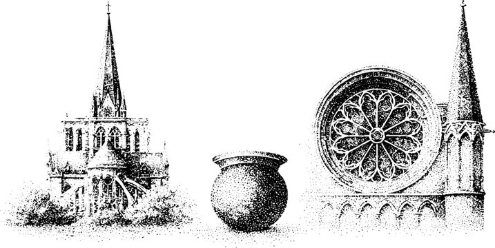 Gothic church with rose window and decorative pot for architectural background and historical design compositions