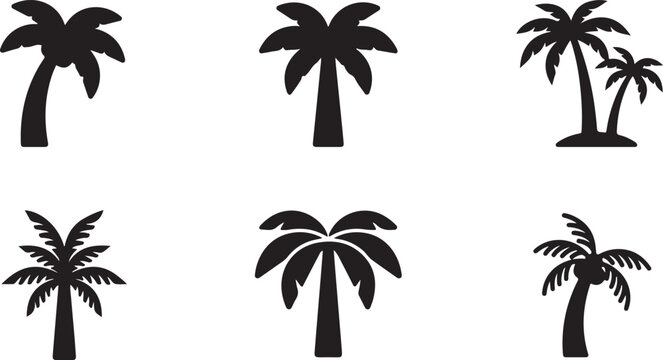 Six black silhouette palm trees in a row Vector