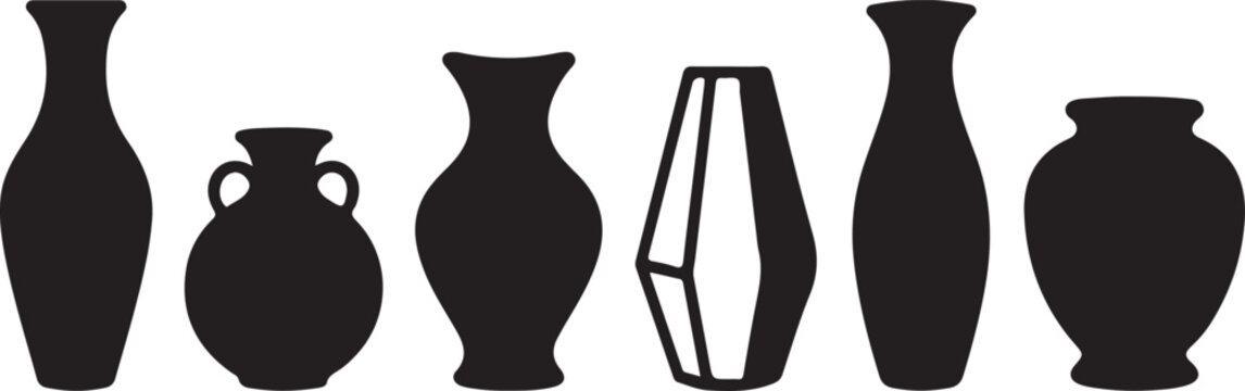 Black vase silhouettes, ceramic vessel shapes, decorative pottery icons, vector graphics