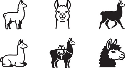 Black and white llama icons in different poses and styles Vector © Sazid