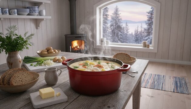 Cozy rustic Norwegian kitchen serving hot steaming fish soup