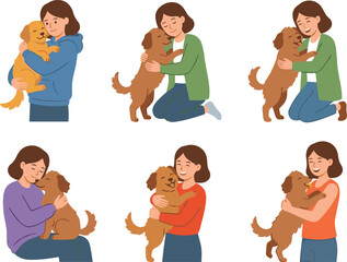 Woman hugging dog cartoon vector illustration collection featuring happy pet owner cuddling, embracing and bonding with adorable puppy companion isolated on white background