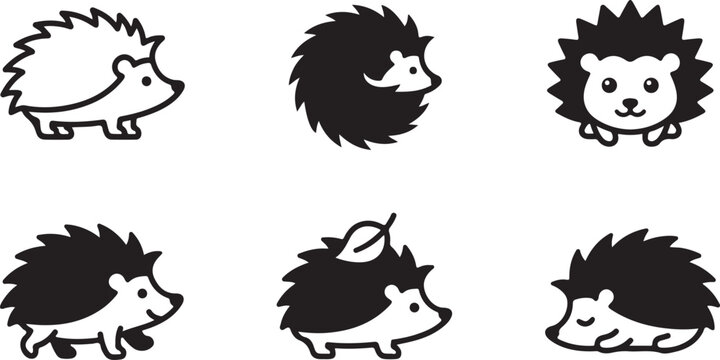 Six cute hedgehog cartoon icons in simple black and white Vector