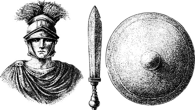Set of black and white stipple engravings of roman centurion with plume gladius and round shield for historical design and educational poster background