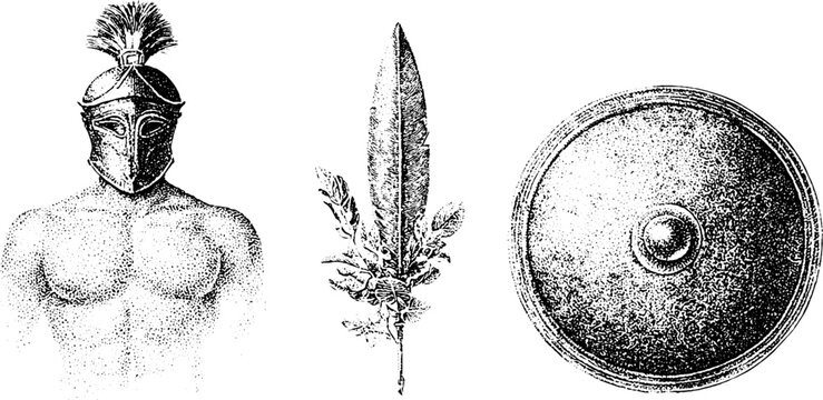 Set of black and white stipple engravings of masked roman helmet torso decorative gladius blade with foliage and round shield for historical design and poster
