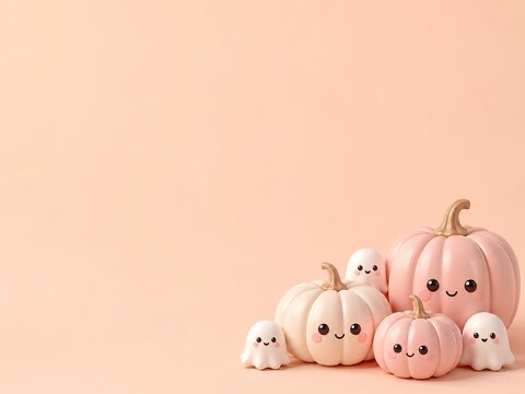 Cute pastel Halloween 3D render background with kawaii pink pumpkins and friendly ghosts on soft peach gradient, copy space