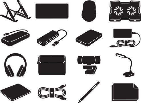 Black icons, computer accessories, electronics symbols, 16 gadgets, vector set