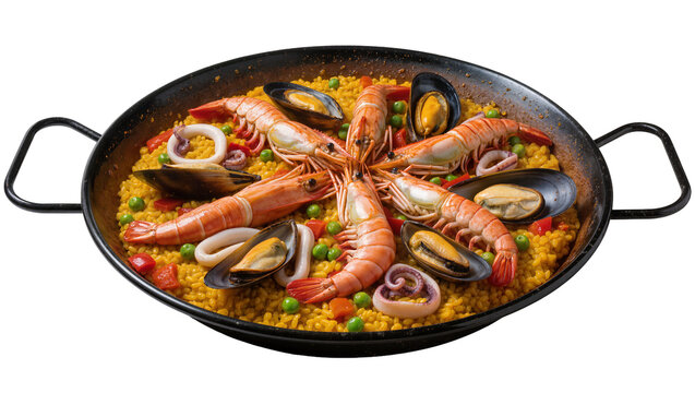 Isolated traditional Spanish seafood paella with golden rice, prawns, mussels, and squid in a black pan