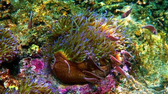 Small tropical fish swimming around a colorful sea anemone and coral reef