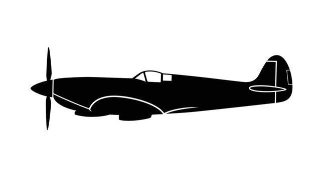 Silhouette of a Spitfire airplane, iconic warbird, side view, black and white