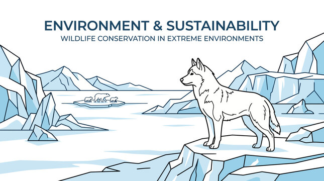 Siberian Husky standing on ice in Arctic landscape. Arctic wolf dog exploring snowy wilderness with glaciers. Wildlife conservation concept in extr...