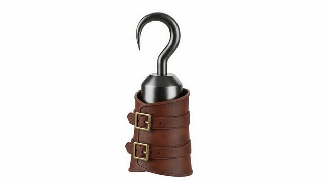 Metal pirate hook with leather cuff. Costume hand accessory for theatrical performance.