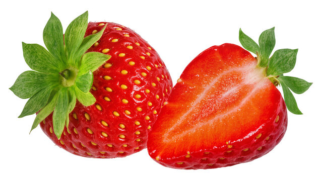 Isolated whole and half fresh strawberry, rich red with green leaves, juicy and delicious.