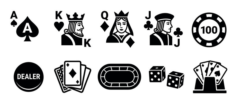 Casino game elements and playing card icons illustrate various gambling activities, poker symbols, and classic table games in a graphic set.