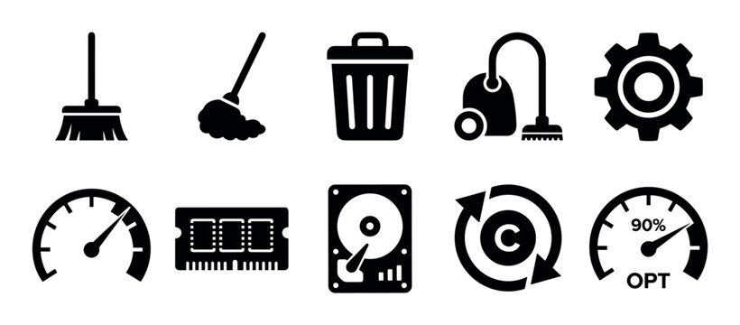 Black icons representing system cleaning, computer optimization, and performance enhancement tools for digital maintenance and efficiency.