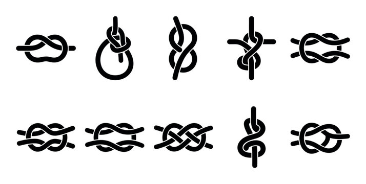 Various rope knots collection showing different types of secure fastenings and ties, useful for sailing, climbing, and practical applications.
