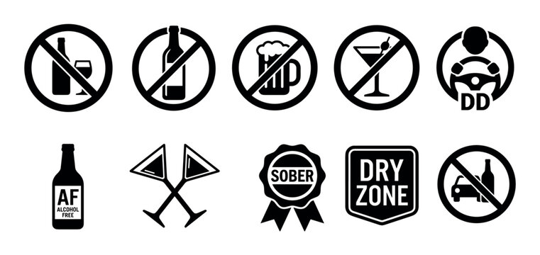 Alcohol prohibition icons and symbols representing sobriety, designated driving, and alcohol-free zones for public health awareness campaigns.