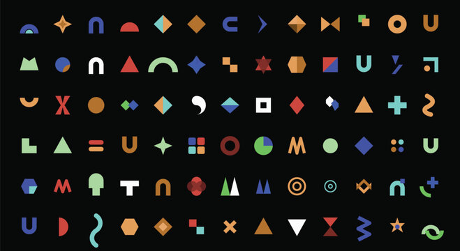 Abstract geometric shapes mega collection icons layout featuring multicolored minimal flat badges line symbols and stickers on black background