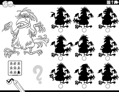 shadow puzzle activity with funny cartoon feathered monster character coloring page