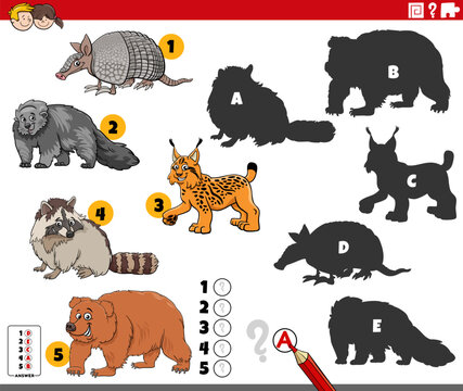 finding shadows puzzle with cartoon wild animal characters