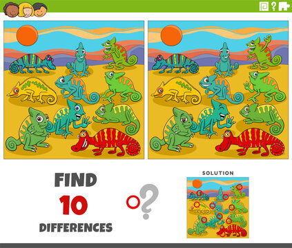 differences activity with cartoon chameleons animal characters group