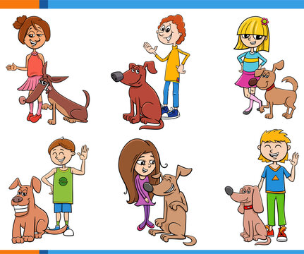 cartoon children and teens and their dogs characters set