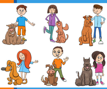 cartoon  girls and boys teen characters and their dogs set