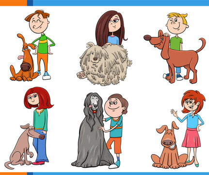 cartoon  girls and boys characters and their dogs set
