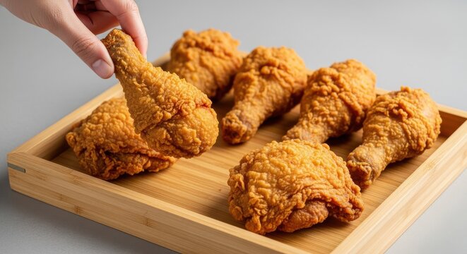 Golden fried chicken pieces served on a wooden tray