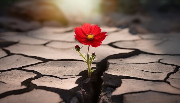 red flower growing through crack in the ground selective focus concept of strength and resilience