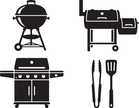 Black grill icons, barbecue symbols, outdoor cooking signs, vector graphics
