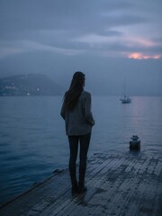 Fototapeta premium Woman standing alone on a wooden dock at dusk watching a sailboat and misty sunset over calm water